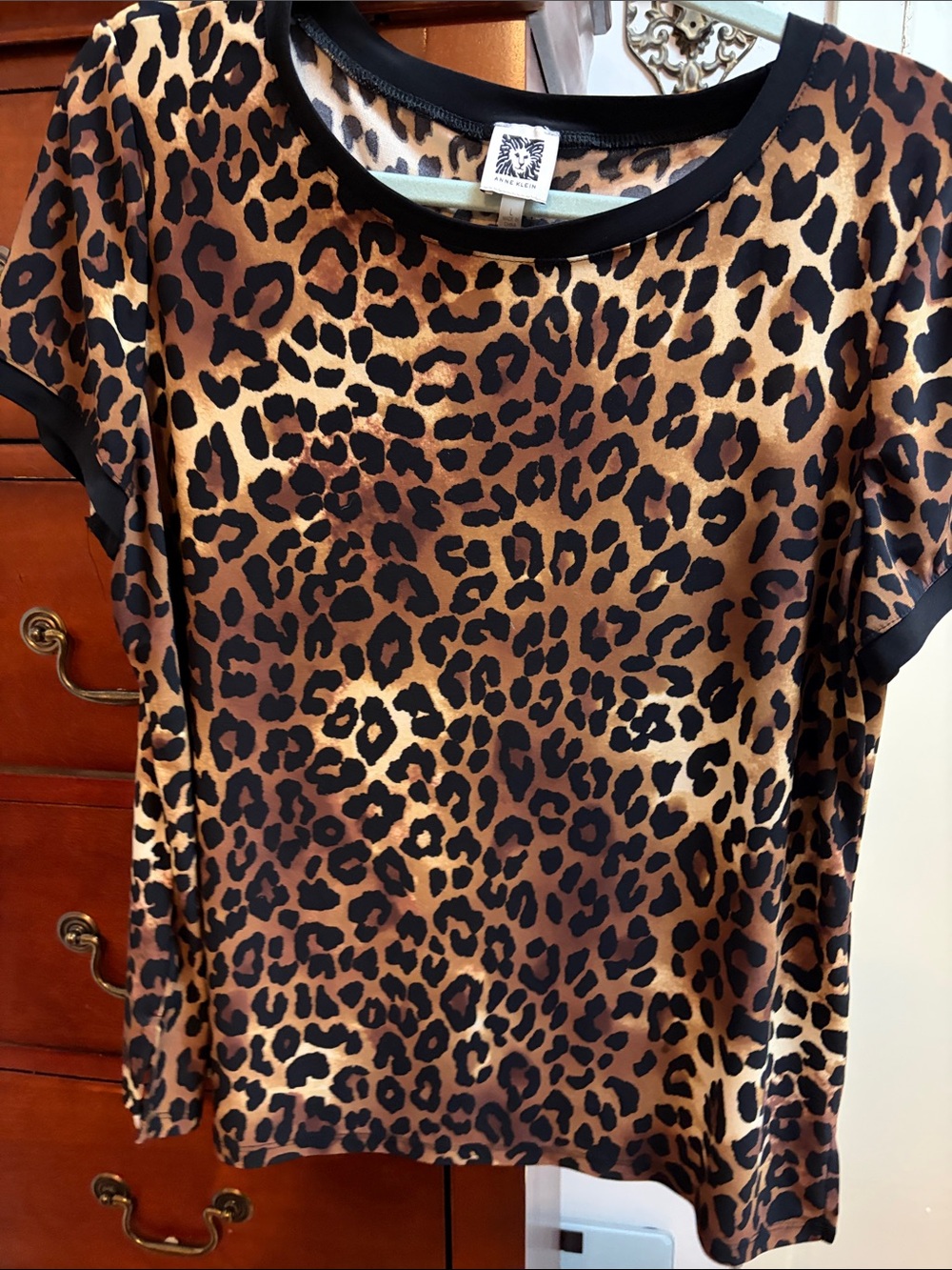 Anne Klein Leopard Print Short Sleeve Top in Brown and Black